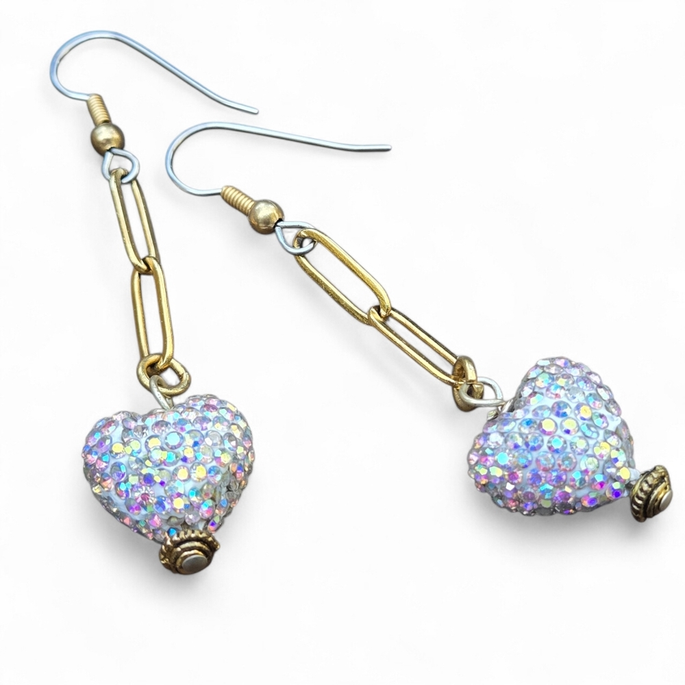 Crystal Sparkly Heart Chain Charm Earrings Gold & Silver 2.5" NEW White Aurora